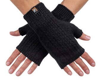 Wool Mesh Knit Fingerless Mittens - Super Soft Merino Wool - Made in the USA - Small - Black