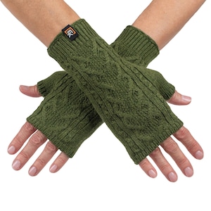 Wool Cable Knit Fingerless Mittens - Made in the USA - Super Soft Merino Wool - Small - Green