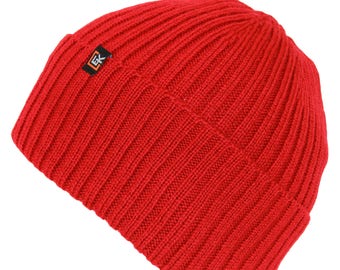 Wool Rib Beanie Hat, 100% Wool, Men's or Women's (Cinnabar)