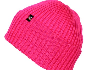 Merino Wool Rib Knit Beanie Hat, Made in USA, Soft Warm Winter Hat for Men and Women, Lightweight Knit Wool Cap, Magenta