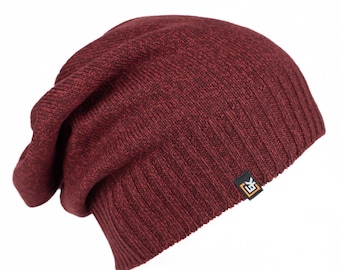 Merino Wool Slouchy Beanie Hat, Made in USA, Soft Lightweight Winter Hat for Men and Women, Knit Wool Skull Cap, Burgundy