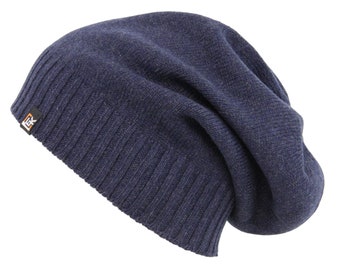 Merino Wool Slouchy Knit Beanie Hat - Super Soft Merino Wool - Made in the USA - Navy Blue