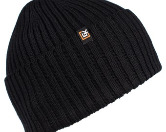 Merino Wool Rib Knit Beanie Hat, Made in USA, Soft Warm Winter Hat for Men and Women, Lightweight Knit Wool Cap, Black