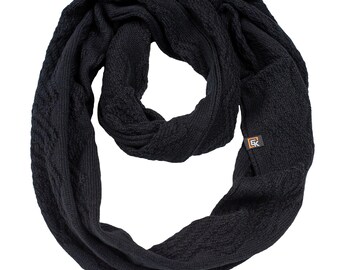 Merino Wool Infinity Scarf for Women, Made in USA, Soft Knit Loop Scarf, Lightweight Winter Neck Warmer, Natural Fiber Gift, Black