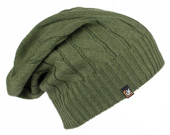 Wollen kabelgebreide beanie - Superzachte merinowol - Made in the USA - mosgroen