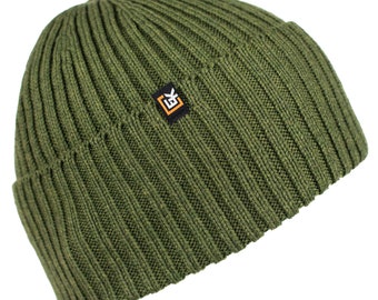 Merino Wool Rib Knit Beanie Hat, Made in USA, Soft Warm Winter Hat for Men and Women, Lightweight Knit Wool Cap, Green
