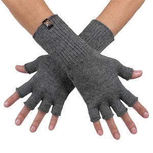May include: A pair of gray fingerless gloves with a small orange tag that says "EK" on the wrist.