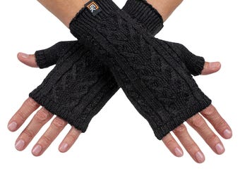 Alpaca Cable Knit Fingerless Mittens - Made in the USA - Super Soft Baby Alpaca - Small - Black
