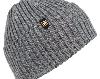 Merino Wool Rib Knit Beanie Hat, Made in USA, Soft Warm Winter Hat for Men and Women, Lightweight Knit Wool Cap, Grey