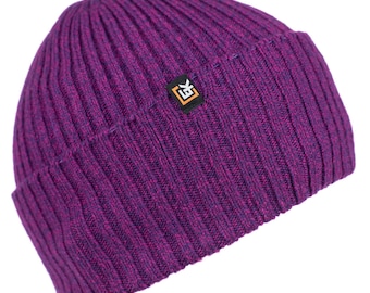 Merino Wool Rib Knit Beanie Hat, Made in USA, Soft Warm Winter Hat for Men and Women, Lightweight Knit Wool Cap, Viola Melange