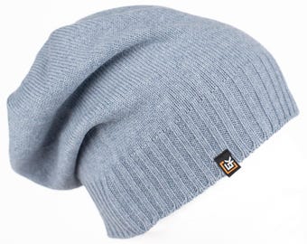 Merino Wool Slouchy Beanie Hat, Made in USA, Soft Lightweight Winter Hat for Men and Women, Knit Wool Skull Cap, Blue Grey