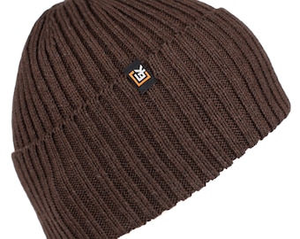 Merino Wool Rib Knit Beanie Hat, Made in USA, Soft Warm Winter Hat for Men and Women, Lightweight Knit Wool Cap, Harvest Brown