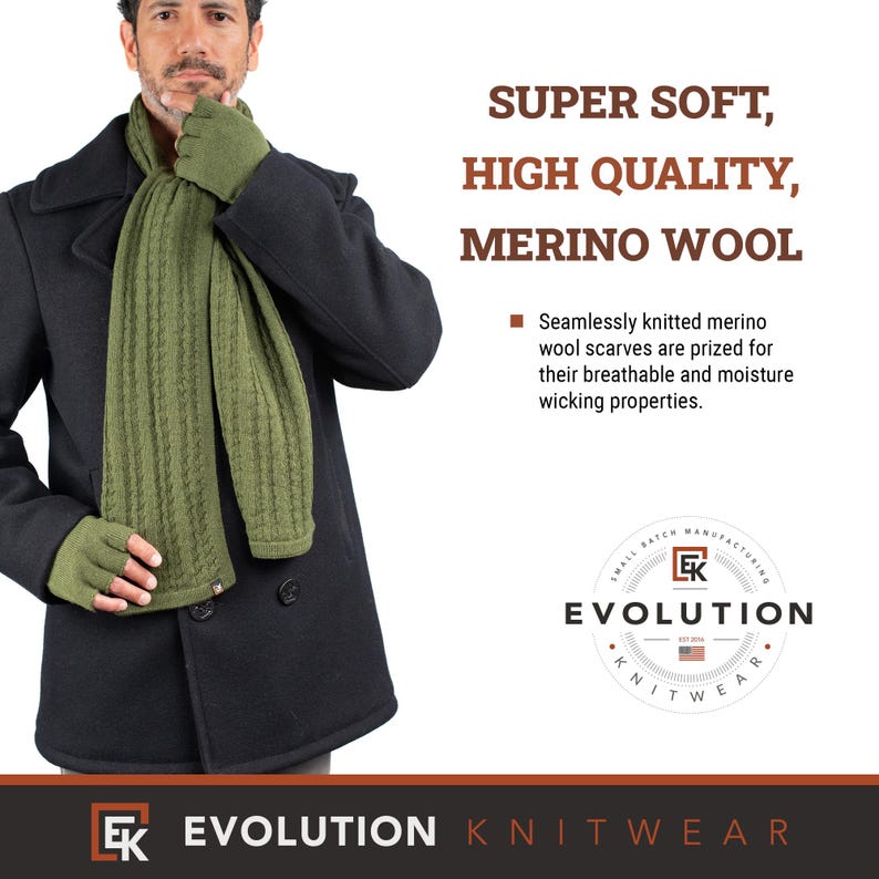 Puede incluir: Un hombre lleva un abrigo negro con una bufanda de lana merino verde y guantes sin dedos. El texto "SUPER SOFT, HIGH QUALITY, MERINO WOOL" est&aacute; por encima de la imagen. El texto "Seamlessly knitted merino wool scarves are prized for their breathable and moisture wicking properties." est&aacute; debajo de la imagen. El texto "EK EVOLUTION KNITWEAR" est&aacute; en la parte inferior de la imagen.