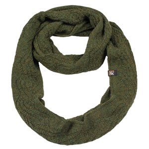 May include: A green knitted infinity scarf with a small black and orange label that says "EK".