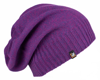 Merino Wool Slouchy Beanie Hat, Made in USA, Soft Lightweight Winter Hat for Men and Women, Knit Wool Skull Cap, Viola Melange