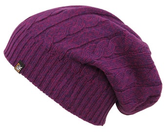 Cable Knit Beanie Hat, Superfine Italian Merino Wool, Viola Melange, Men's or Women's