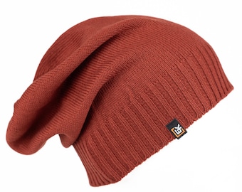 Merino Wool Slouchy Beanie Hat, Made in USA, Soft Lightweight Winter Hat for Men and Women, Knit Wool Skull Cap, Copper