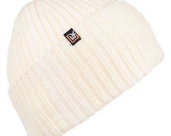 Merino Wool Rib Knit Beanie Hat, Made in USA, Soft Warm Winter Hat for Men and Women, Lightweight Knit Wool Cap, Natural