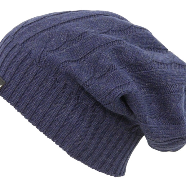 Wool Cable Knit Beanie Hat - Super Soft Merino Wool - Made in the USA - Navy Blue