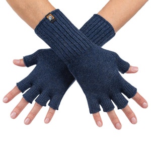 Wool Knit Fingerless Gloves - Made in the USA - Super Soft Merino Wool - Small - Navy