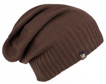 Merino Wool Slouchy Beanie Hat, Made in USA, Soft Lightweight Winter Hat for Men and Women, Knit Wool Skull Cap, Harvest Brown