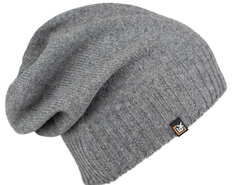Merino Wool Slouchy Beanie Hat, Made in USA, Soft Lightweight Winter Hat for Men and Women, Knit Wool Skull Cap, Grey