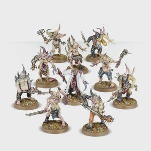 May include: A collection of miniature fantasy figures, each with unique armor and weaponry. The figures are painted in various colors, including tan, green, and brown, and are posed on circular bases. The figures are designed for tabletop gaming.