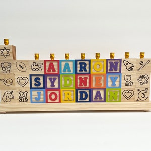 Children&#39;s Personalized Triple Row Name Menorah, Child&#39;s Wood Triple Row Menorah, Kids Personalized Menorah, Baby Hanukkah Gift