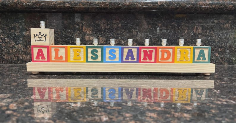 Children's Personalized Wood Carved Alphabet Block Menorah, Child's Primary Name Block Menorah, Baby Hanukkah Gift, Baby Birth Gift image 7