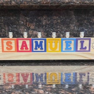 Children's Personalized Wood Carved Alphabet Block Menorah, Child's Primary Name Block Menorah, Baby Hanukkah Gift, Baby Birth Gift image 6