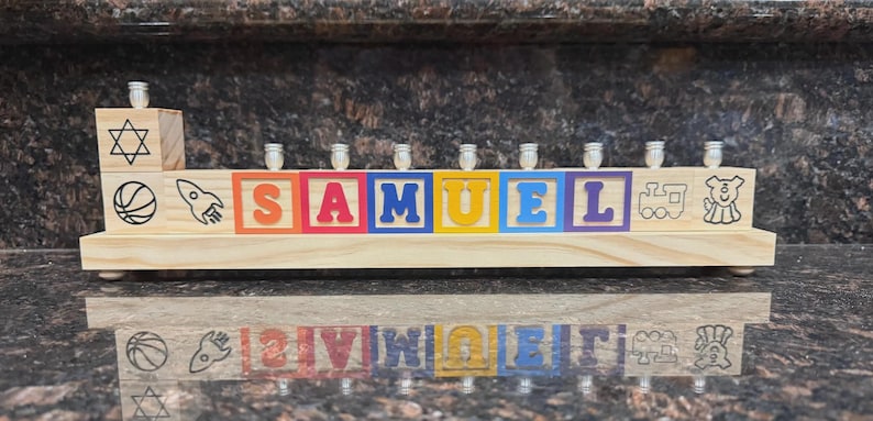 Children's Personalized Wood Carved Alphabet Block Menorah, Child's Primary Name Block Menorah, Baby Hanukkah Gift, Baby Birth Gift image 6