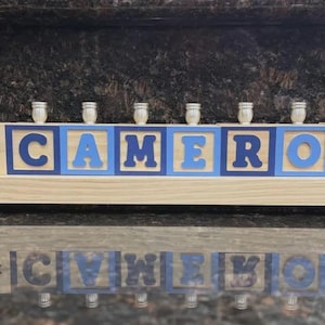 Children's Personalized Wood Carved Alphabet Block Menorah, Child's Primary Name Block Menorah, Baby Hanukkah Gift, Baby Birth Gift Dark/Light Blues