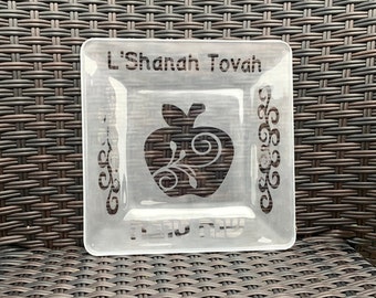 Rosh Hashanah Etched Glass Apple Plate, Honey Bowl and Honey Dipper set,  High Holiday Table Gift, Jewish Holiday Gift