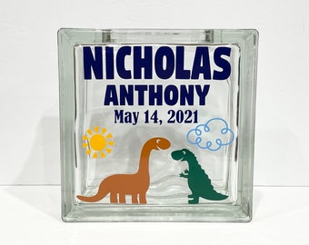 Dinosaur Glass Block Bank: Personalized Baby Boy Gift