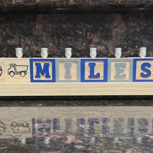 Children's Personalized Wood Carved Alphabet Block Menorah, Child's Primary Name Block Menorah, Baby Hanukkah Gift, Baby Birth Gift Navy / Gray / Silver