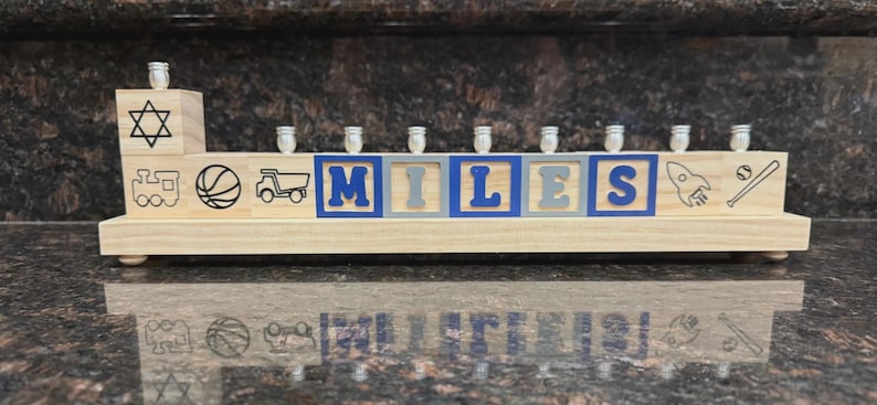 Children's Personalized Wood Carved Alphabet Block Menorah, Child's Primary Name Block Menorah, Baby Hanukkah Gift, Baby Birth Gift Navy / Gray / Silver