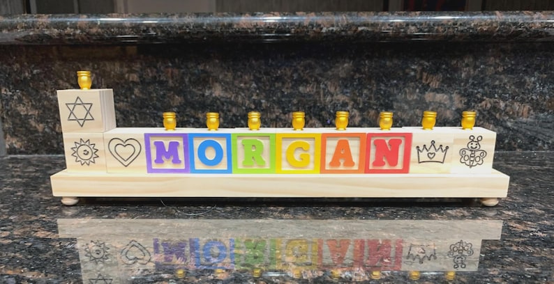 Children's Personalized Wood Carved Alphabet Block Menorah, Child's Primary Name Block Menorah, Baby Hanukkah Gift, Baby Birth Gift image 5