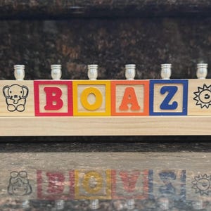 Children's Personalized Wood Carved Alphabet Block Menorah, Child's Primary Name Block Menorah, Baby Hanukkah Gift, Baby Birth Gift image 4