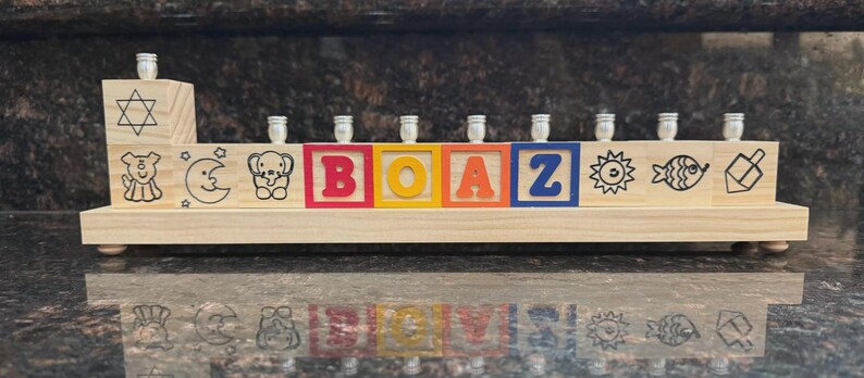 Children's Personalized Wood Carved Alphabet Block Menorah, Child's Primary Name Block Menorah, Baby Hanukkah Gift, Baby Birth Gift image 4