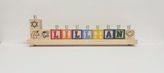Children's Personalized Wood Carved Alphabet Block Menorah, Child's Primary Name Block Menorah, Baby Hanukkah Gift, Baby Birth Gift