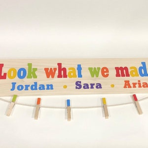 Personalized Kids Artwork Display, Look What We Made Sign, Playroom Decor, Wood Sign, Hanging Childrens Artwork, Kids Art Holder