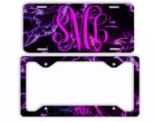 Black Hot Pink Purple Marble Look License Plate Car Tag Monogram Frame Personalized Set Custom Initials Car Coasters Space Galaxy