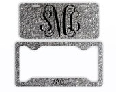 Silver Glitter Look Black Vine License Plate Car Tag Monogram Frame Personalized Set Custom Initials Car Coasters NOT ACTUAL GLITTER