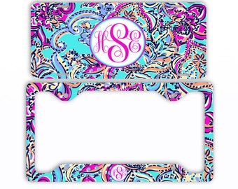 Aqua Pink Purple Paisleys Monogram License Plate Front Car Tag Frame Personalized Set Custom Initials Coasters