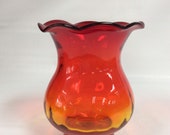 Blenko Glass hand blown vase dot optic ruffled top 707 in tangerine