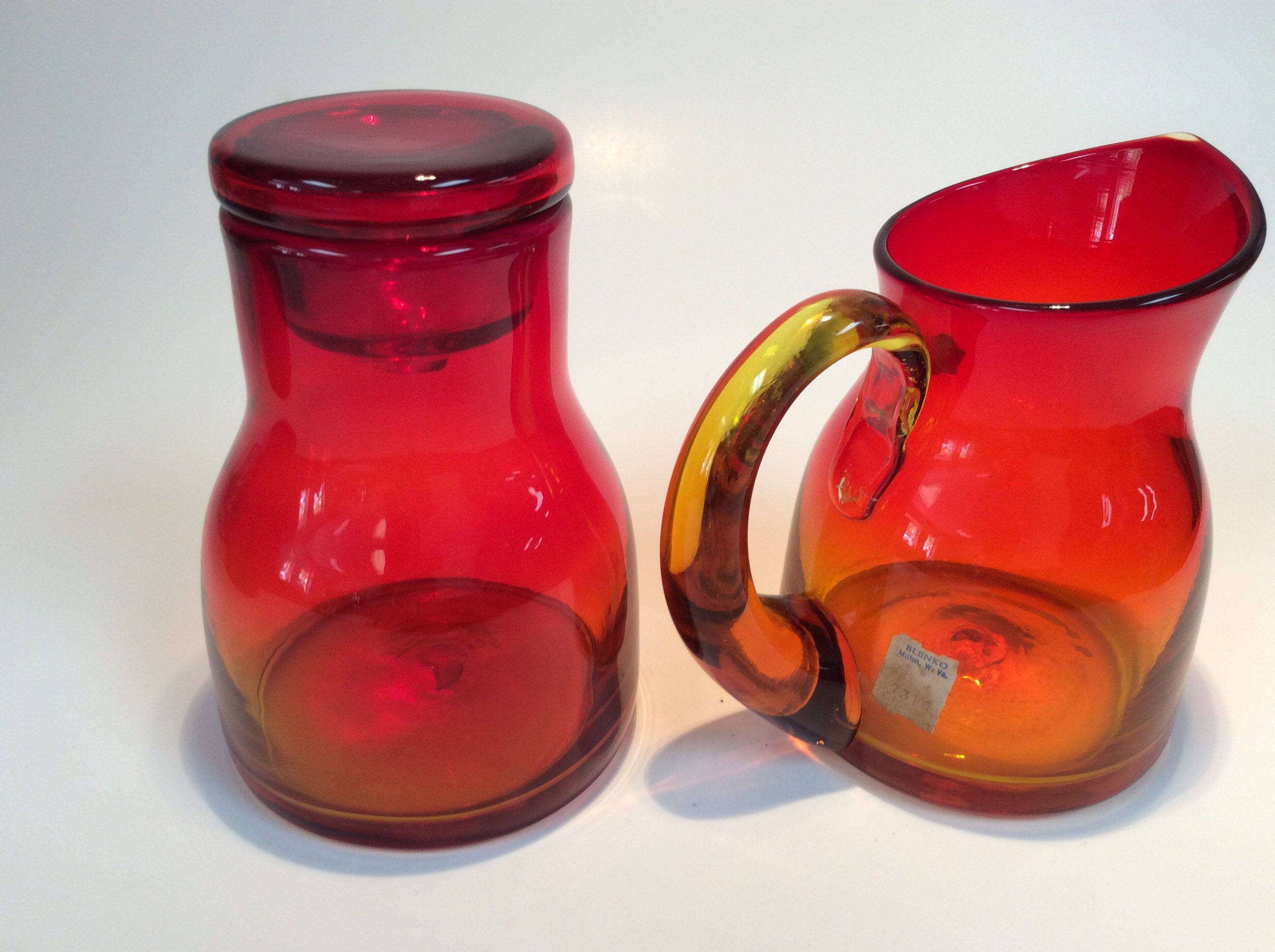 Blenko Glass creamer and sugar set 7310 & 7311 tangerine amberina, John