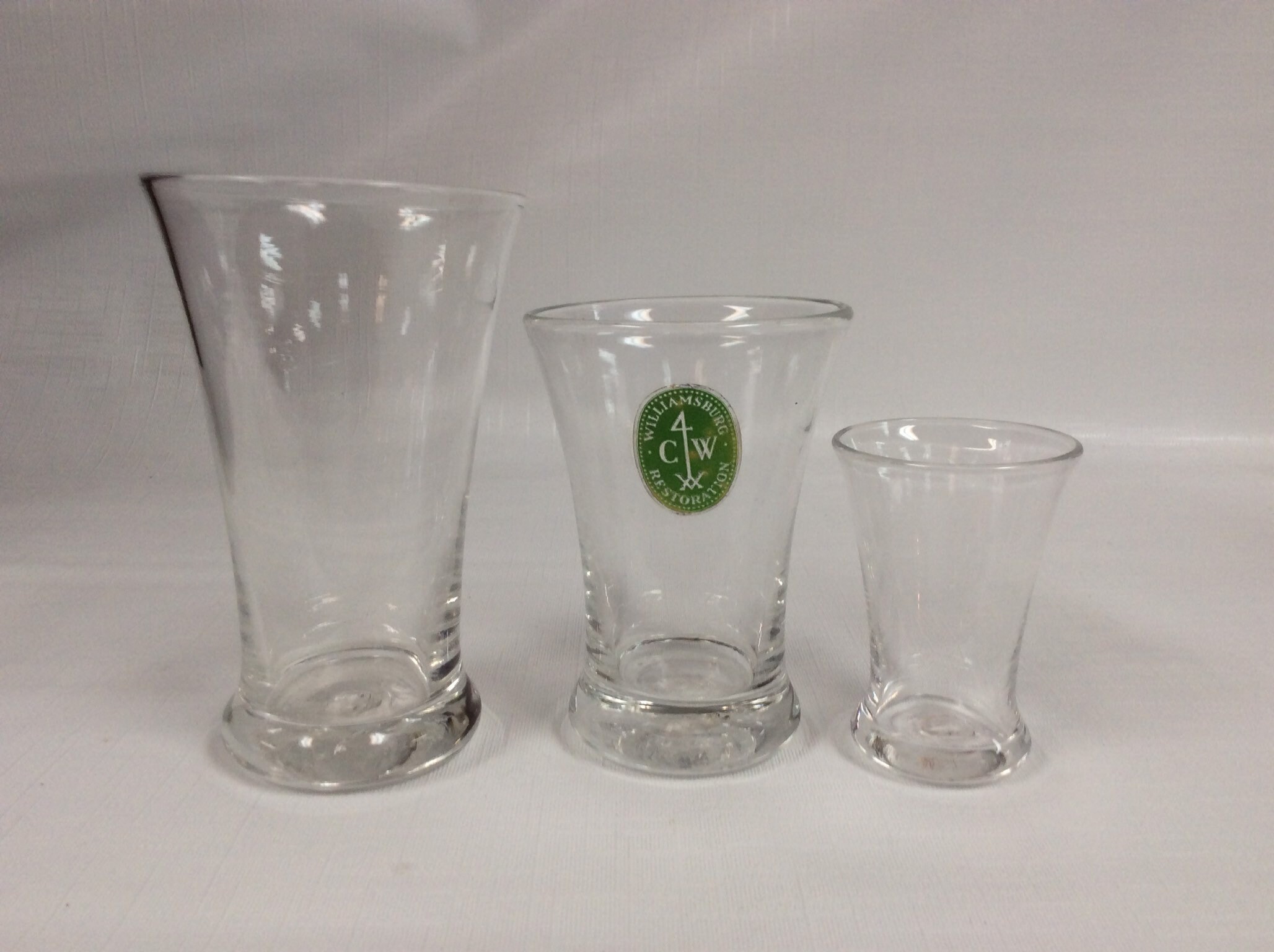 Three Williamsburg glasses. CW5S, CW5M, CW5W. Made by Blenko Glass.