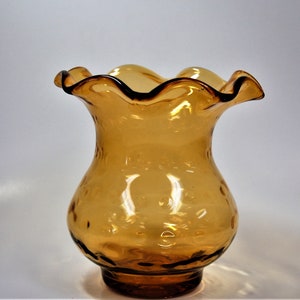 Blenko Glass hand blown vase dot optic ruffled top 707 in wheat amber image 1