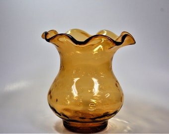 Blenko Glass hand blown vase dot optic ruffled top 707 in wheat amber