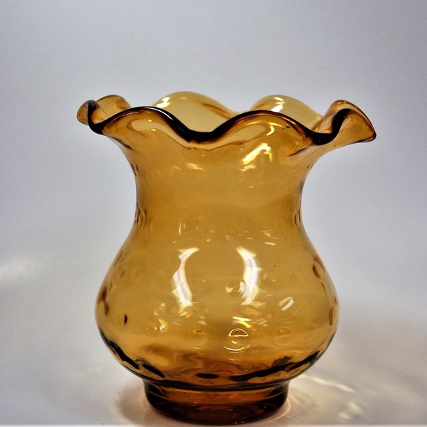 Blenko Glass hand blown vase dot optic ruffled top 707 in wheat amber